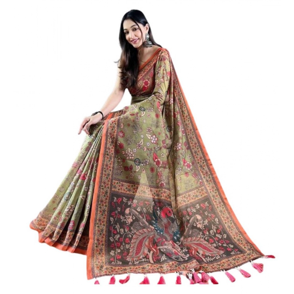 Women's Linen Printed Saree With Unstitched Blouse 5.5Mtr (Sea Green)