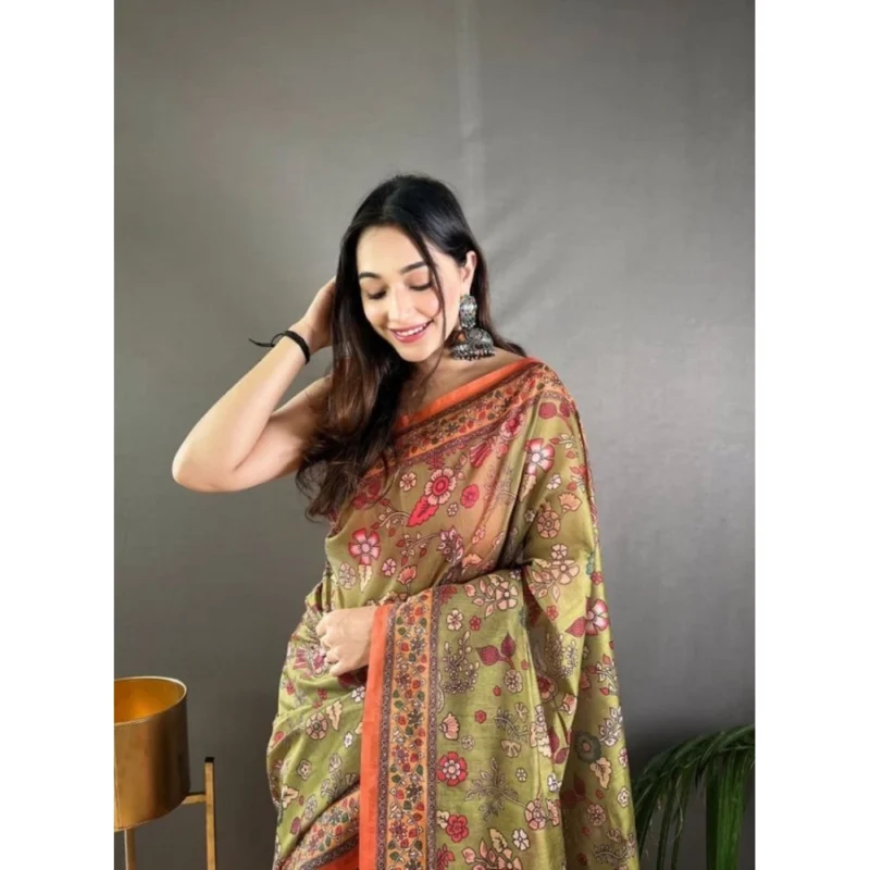 Alternative view of Women's Linen Printed Saree With Unstitched Blouse 5.5Mtr (Sea Green)