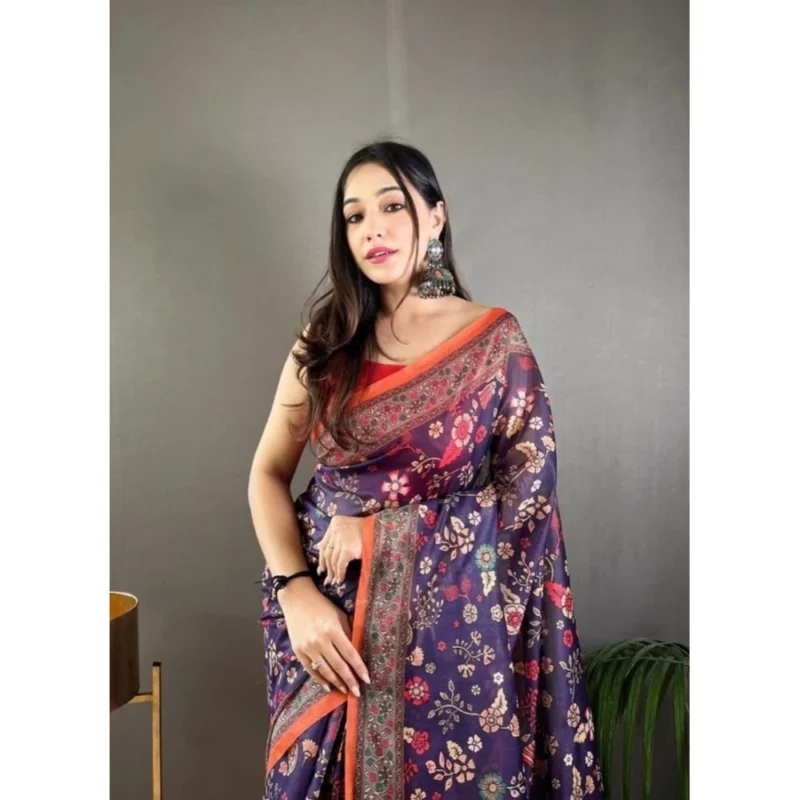 Alternative view of Women's Linen Printed Saree With Unstitched Blouse 5.5Mtr (Blue)