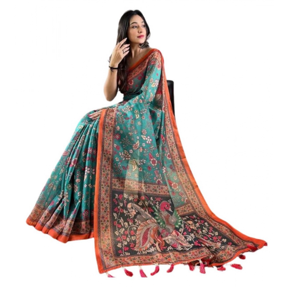 Women's Linen Printed Saree With Unstitched Blouse 5.5Mtr (Olive)