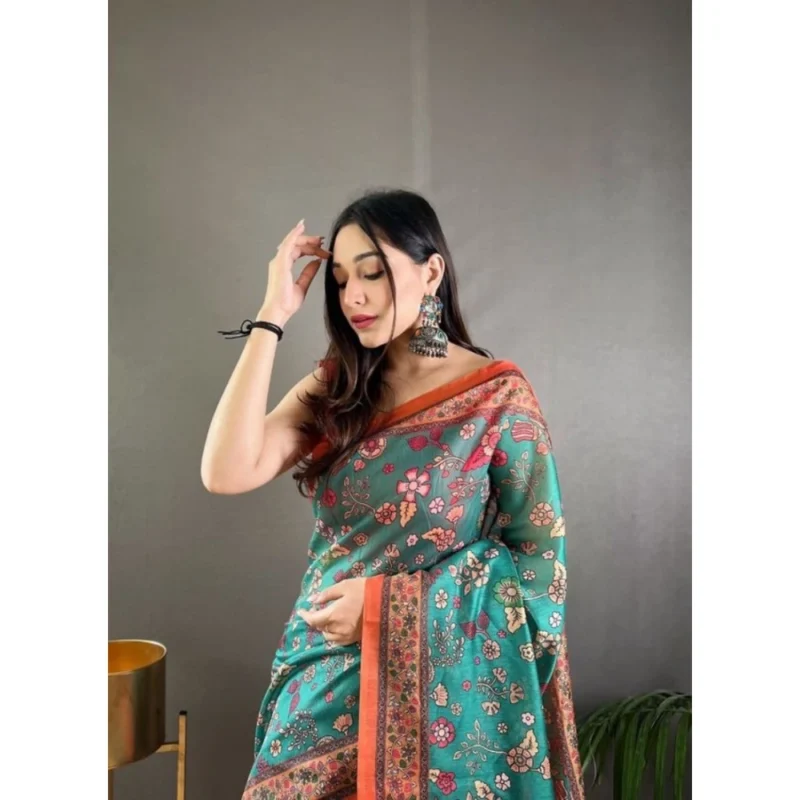 Alternative view of Women's Linen Printed Saree With Unstitched Blouse 5.5Mtr (Olive)