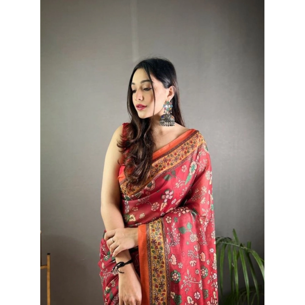 Women's Linen Printed Saree With Unstitched Blouse 5.5Mtr (Red) - Image 2
