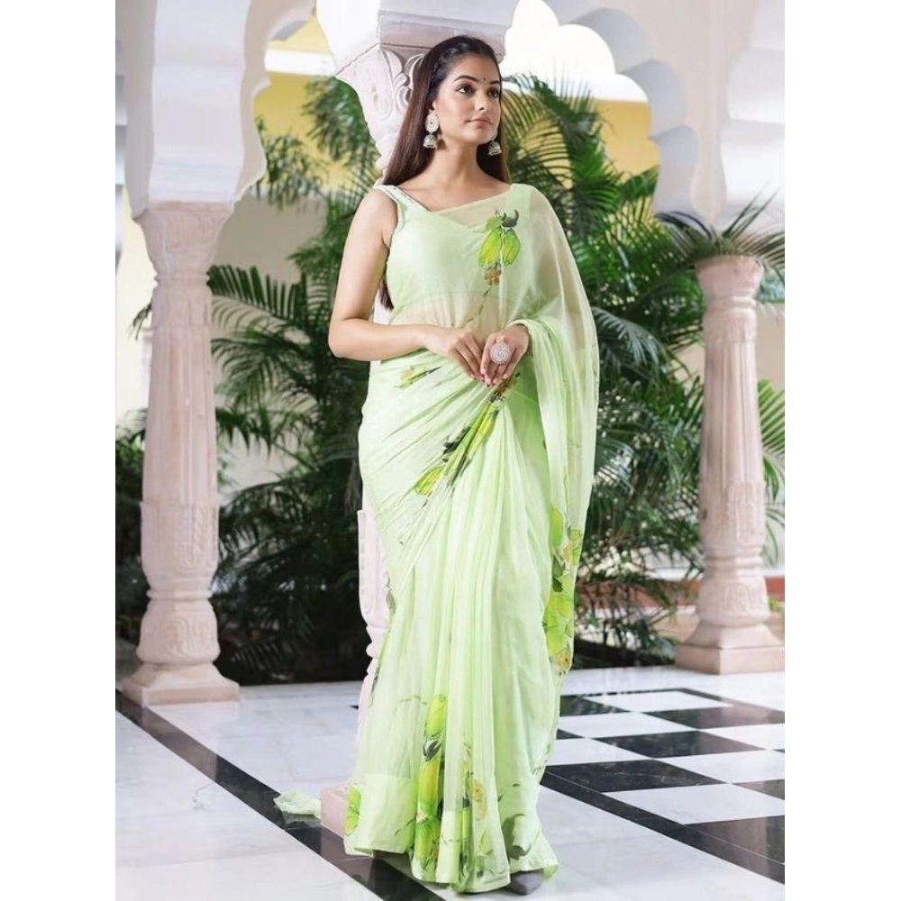 Women's Linen Printed Saree With Unstitched Blouse 5.5Mtr (Green)