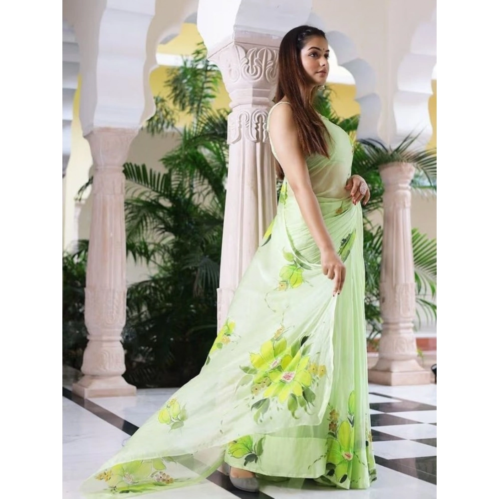 Women's Linen Printed Saree With Unstitched Blouse 5.5Mtr (Green) - Image 3