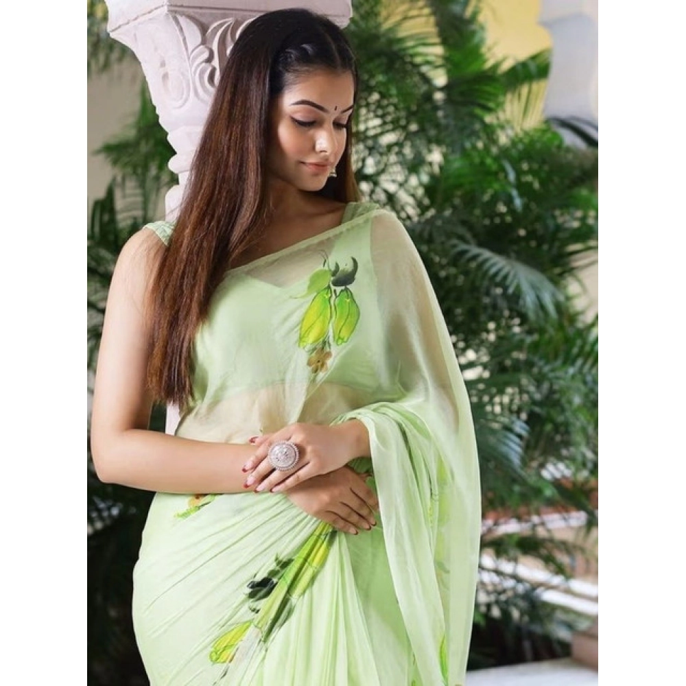 Women's Linen Printed Saree With Unstitched Blouse 5.5Mtr (Green) - Image 2