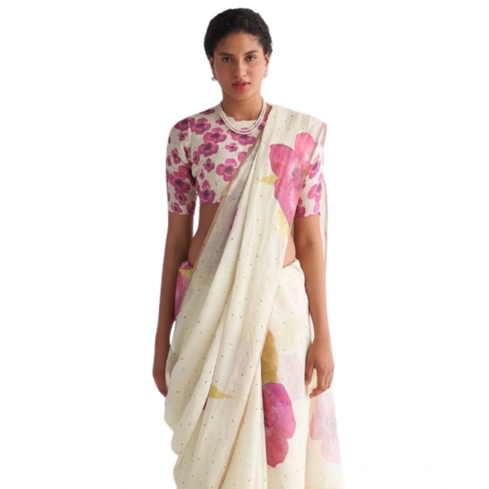 Women's Linen Printed Saree With Unstitched Blouse 5.5Mtr (White)
