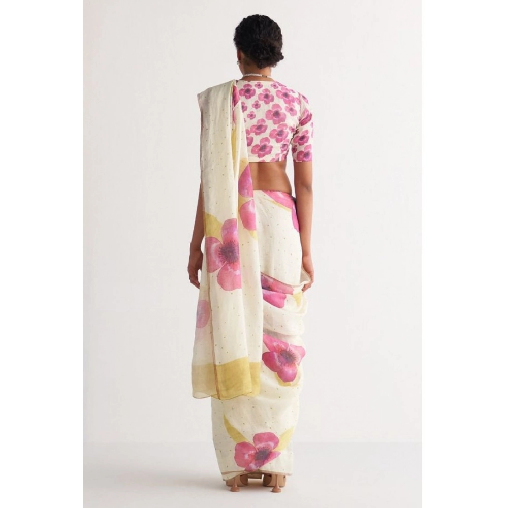 Women's Linen Printed Saree With Unstitched Blouse 5.5Mtr (White) - Image 4