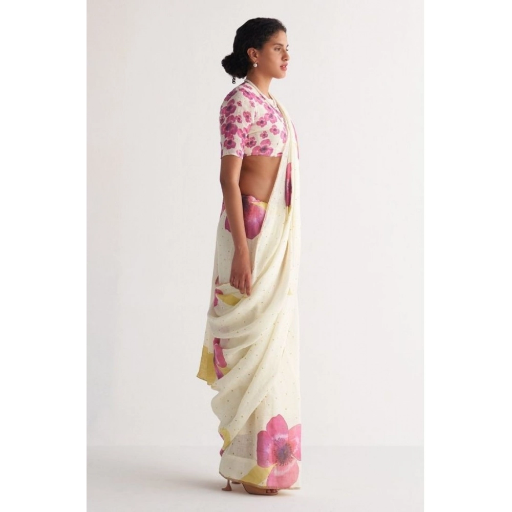 Women's Linen Printed Saree With Unstitched Blouse 5.5Mtr (White) - Image 3