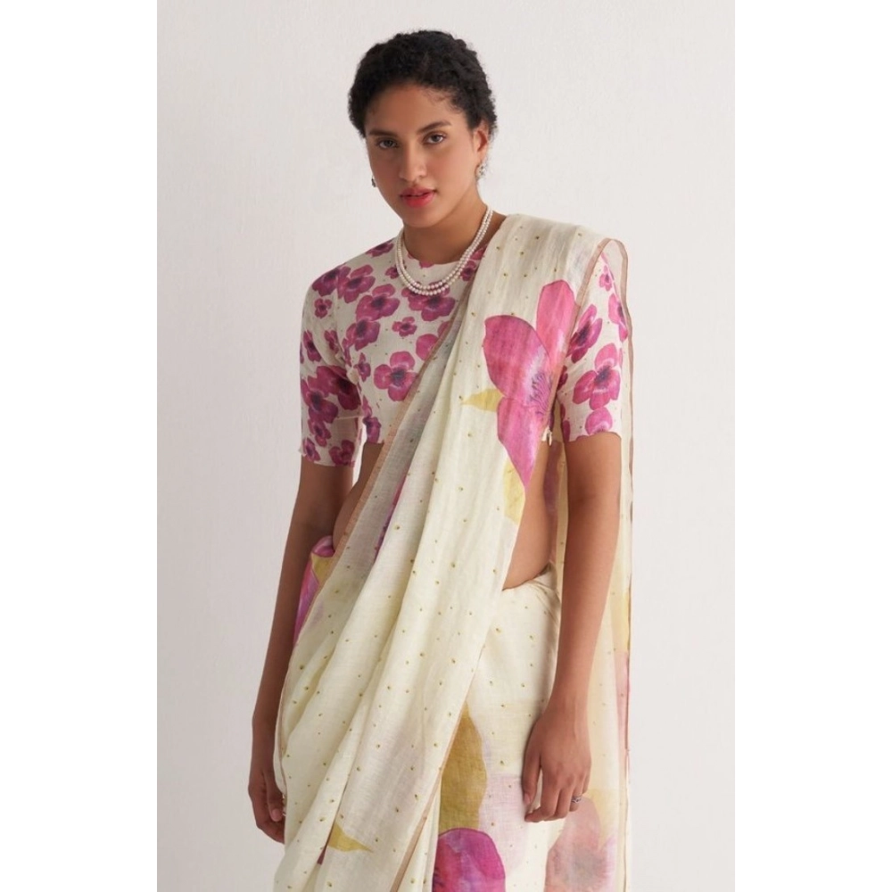 Women's Linen Printed Saree With Unstitched Blouse 5.5Mtr (White) - Image 2