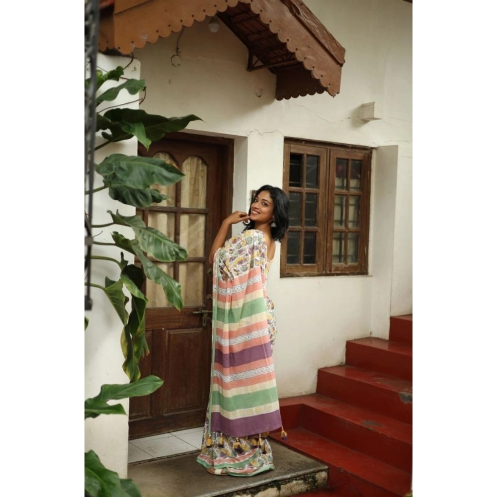 Women's Linen Printed Saree With Unstitched Blouse 5.5Mtr (Multicolor) - Image 4