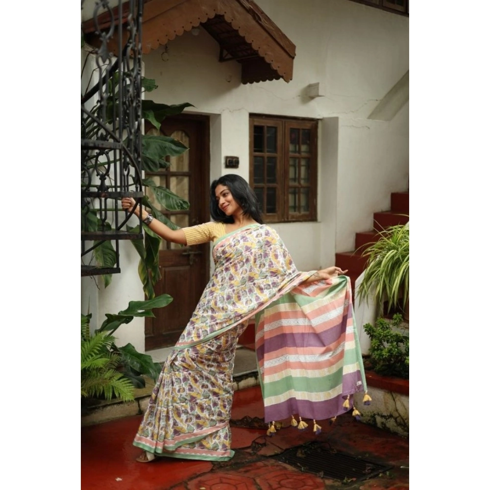 Women's Linen Printed Saree With Unstitched Blouse 5.5Mtr (Multicolor) - Image 3