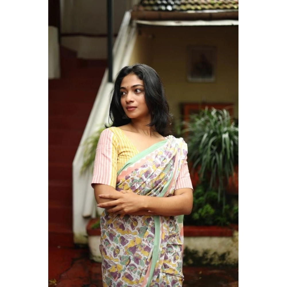Women's Linen Printed Saree With Unstitched Blouse 5.5Mtr (Multicolor) - Image 2