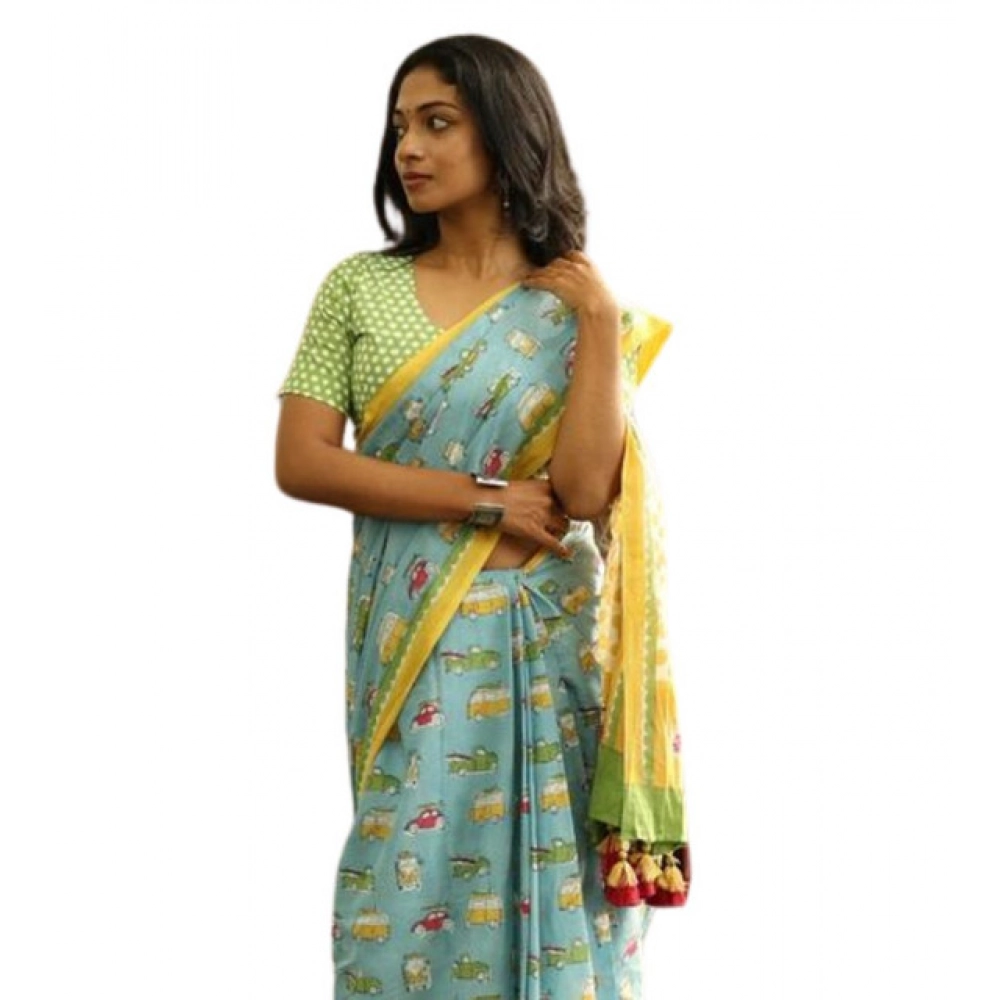 Women's Linen Printed Saree With Unstitched Blouse 5.5Mtr (Blue)