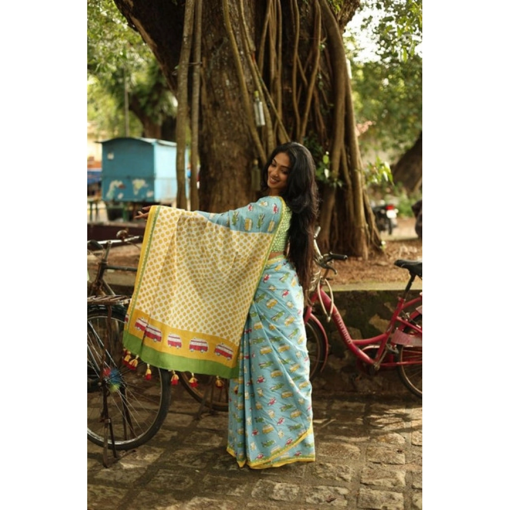 Women's Linen Printed Saree With Unstitched Blouse 5.5Mtr (Blue) - Image 3