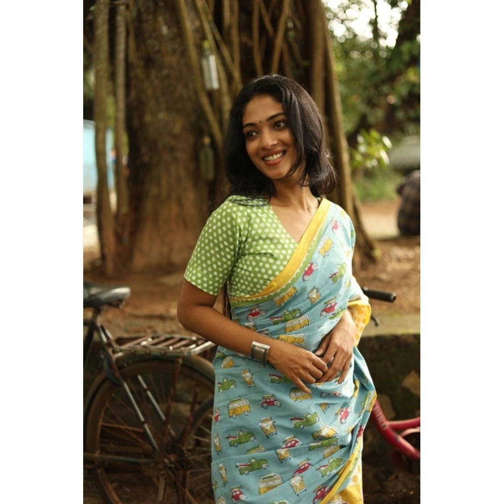 Women's Linen Printed Saree With Unstitched Blouse 5.5Mtr (Blue) - Image 2