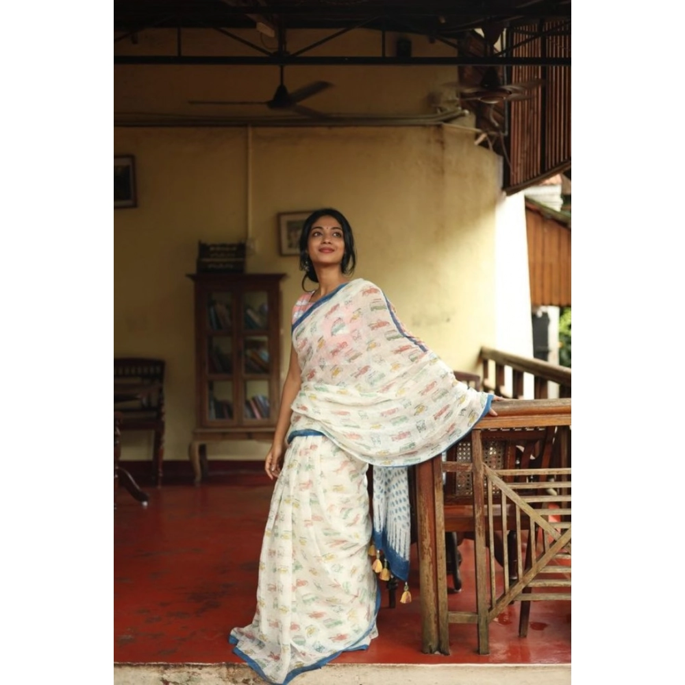 Women's Linen Printed Saree With Unstitched Blouse 5.5Mtr (White)