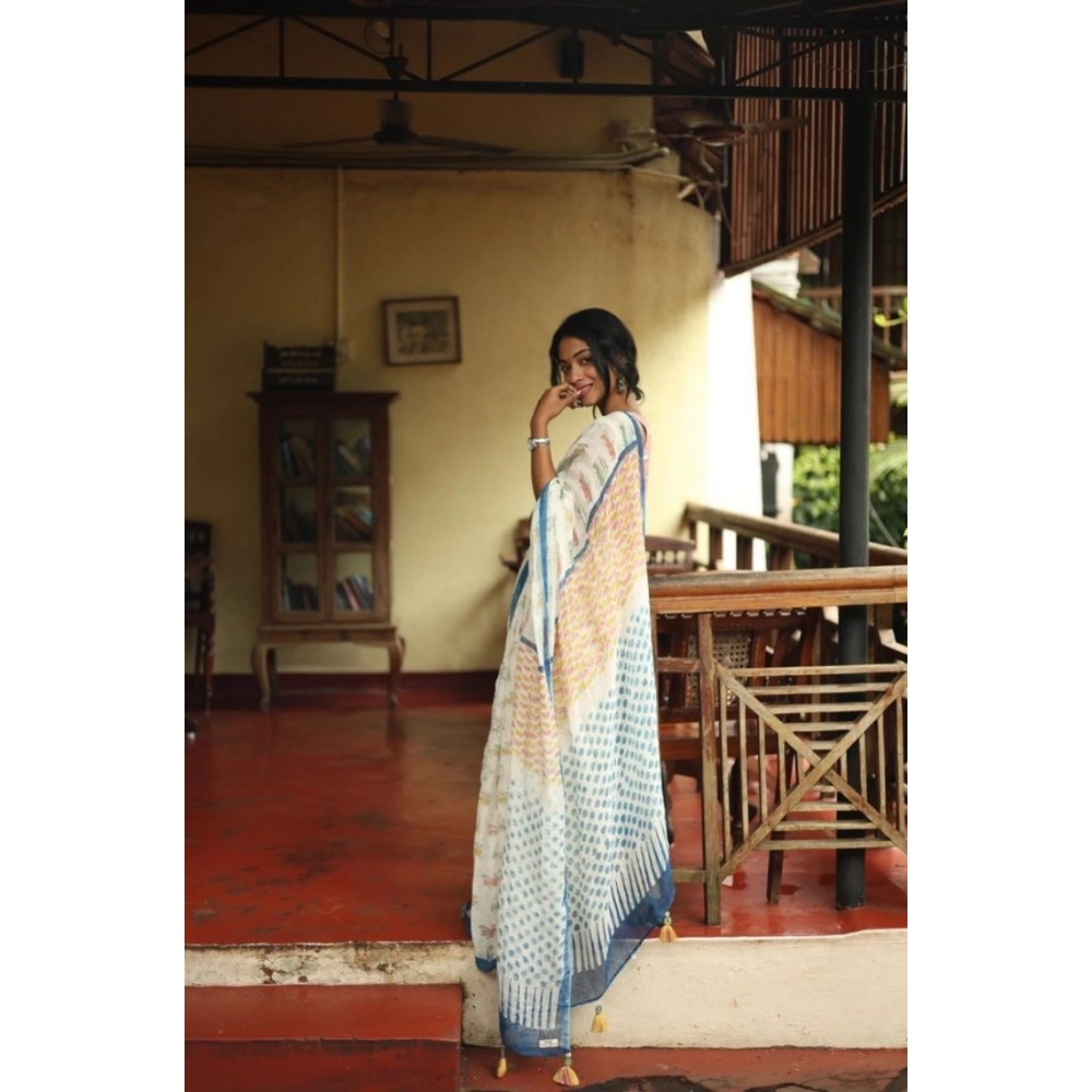 Women's Linen Printed Saree With Unstitched Blouse 5.5Mtr (White) - Image 3