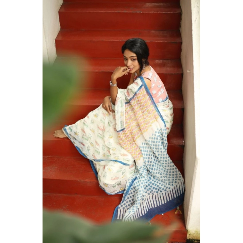 Women's Linen Printed Saree With Unstitched Blouse 5.5Mtr (White) - Image 2