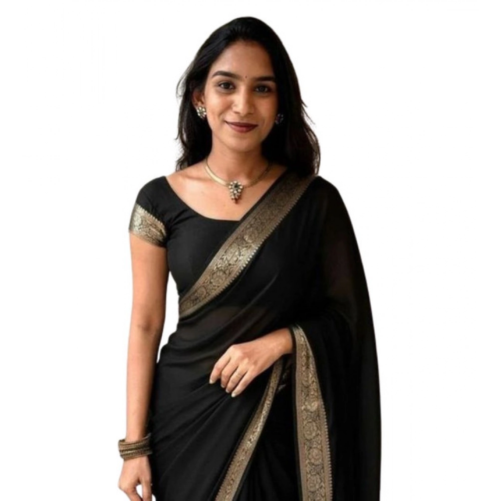 Women's Vichitra Silk Printed Saree With Unstitched Blouse 5.5Mtr (Black)