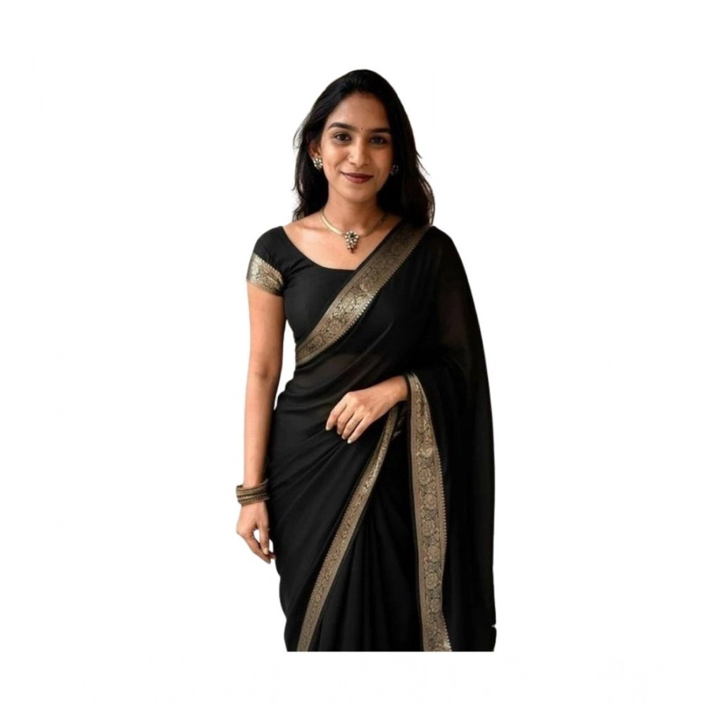 Women's Vichitra Silk Printed Saree With Unstitched Blouse 5.5Mtr (Black) - Image 2