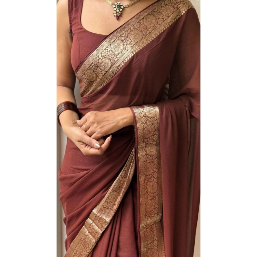 Women's Vichitra Silk Printed Saree With Unstitched Blouse 5.5Mtr (Brown) - Image 3
