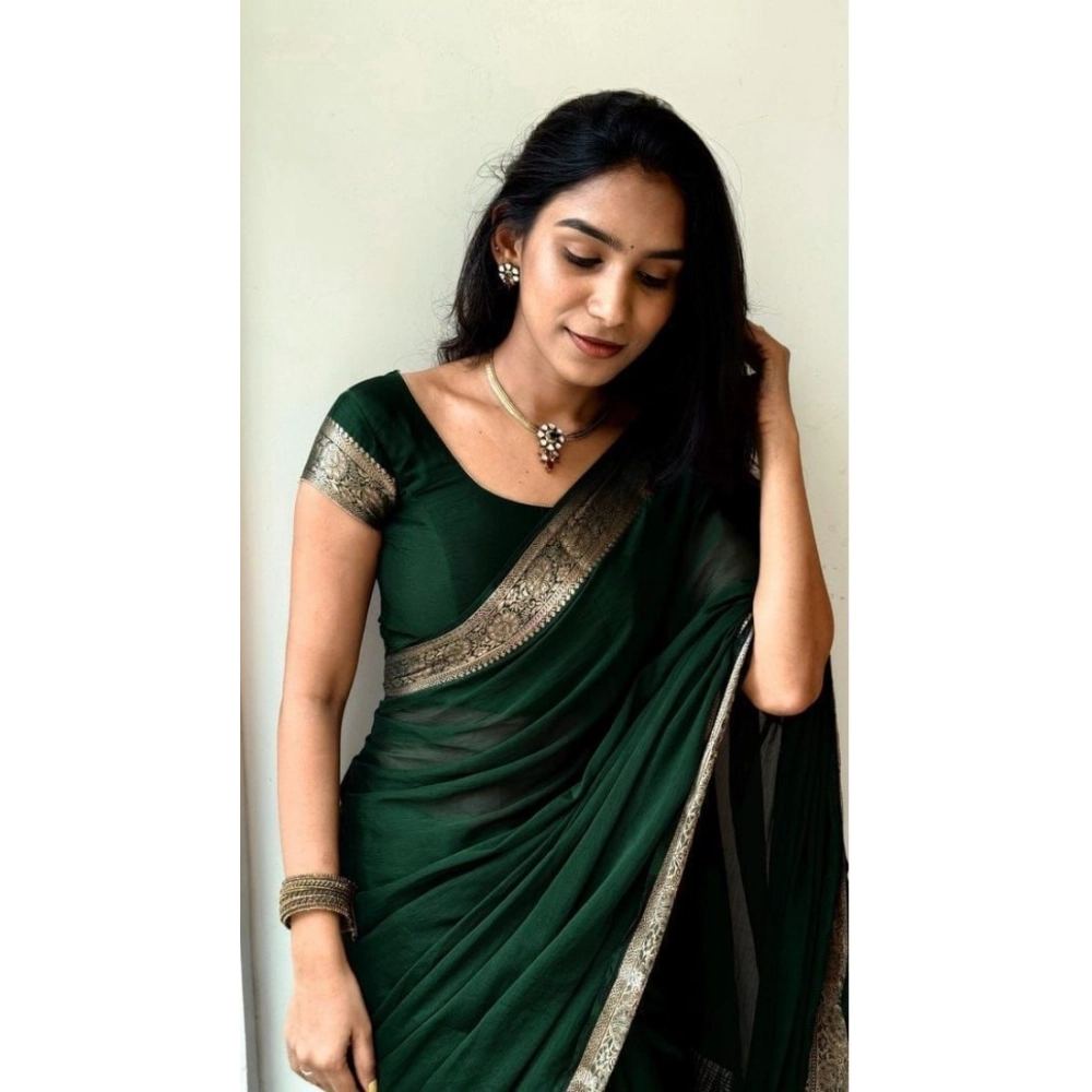 Women's Vichitra Silk Printed Saree With Unstitched Blouse 5.5Mtr (Green) - Image 4