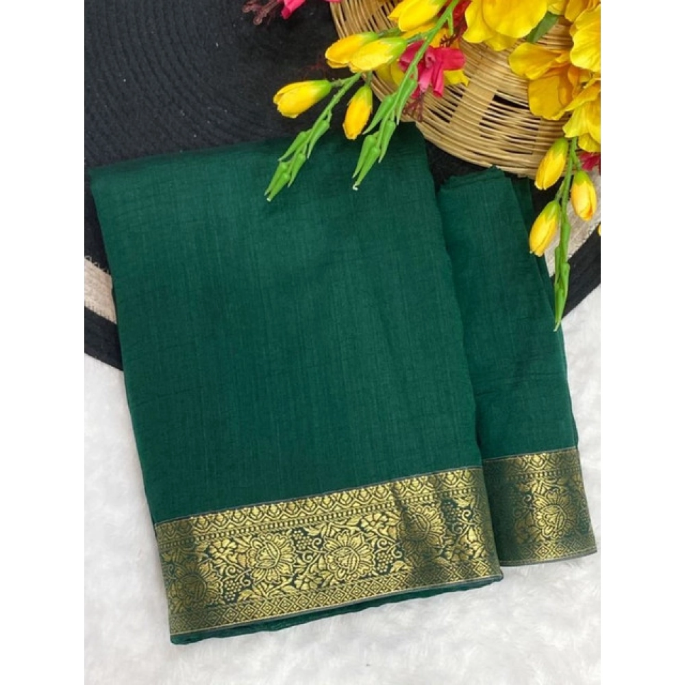 Women's Vichitra Silk Printed Saree With Unstitched Blouse 5.5Mtr (Green) - Image 3
