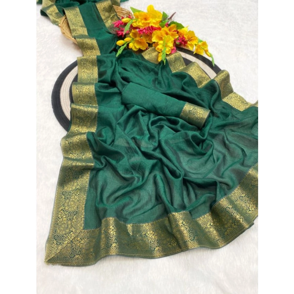 Women's Vichitra Silk Printed Saree With Unstitched Blouse 5.5Mtr (Green) - Image 2