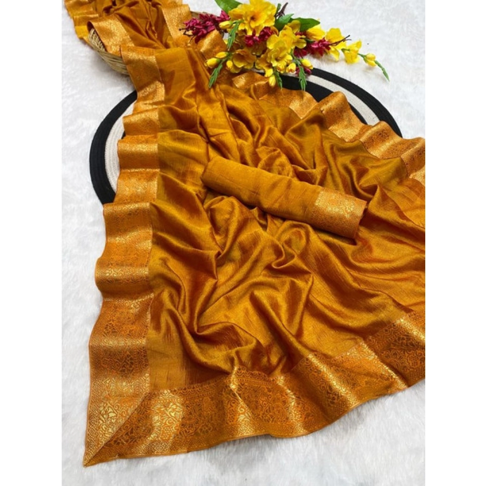 Women's Vichitra Silk Printed Saree With Unstitched Blouse 5.5Mtr (Mustard) - Image 2