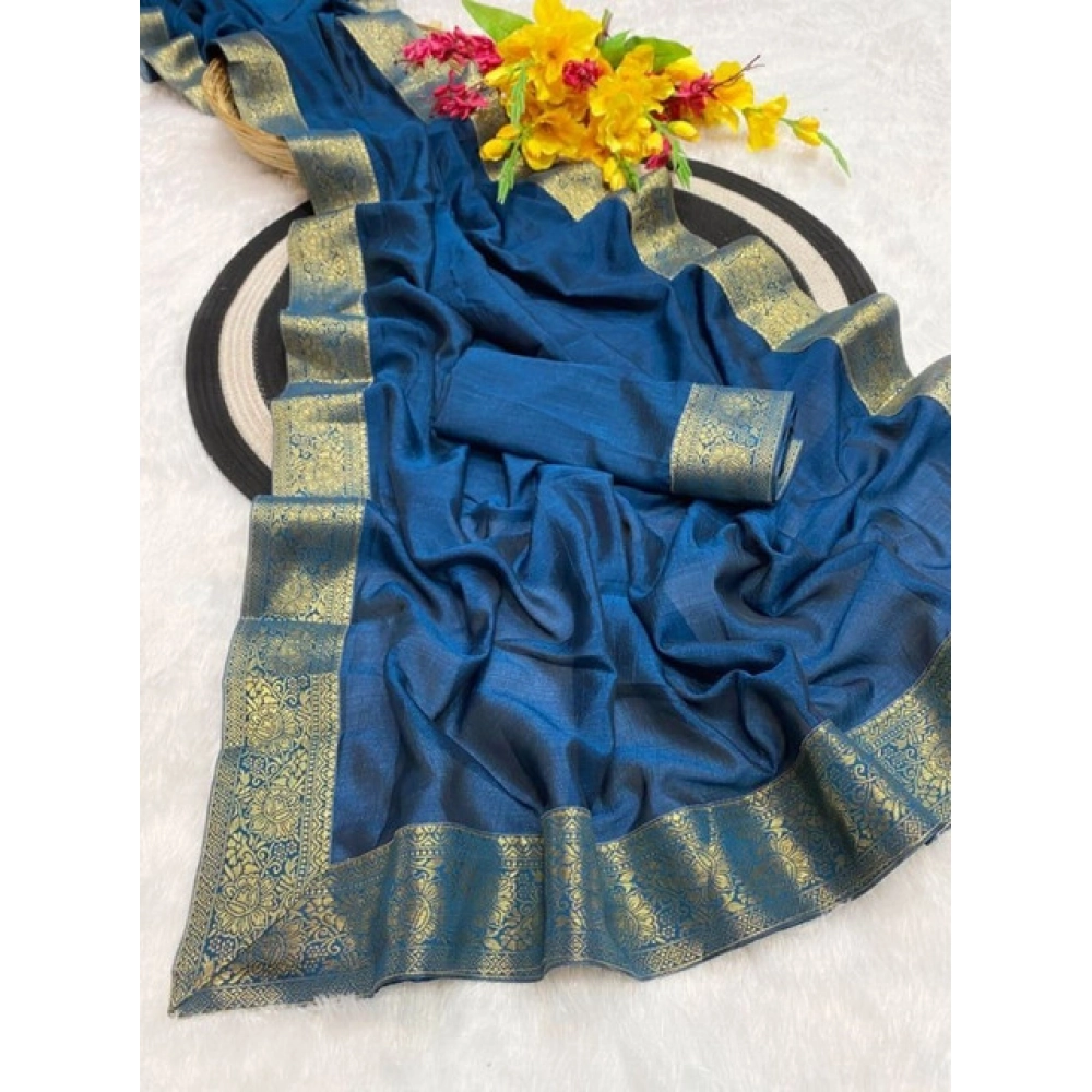 Women's Vichitra Silk Printed Saree With Unstitched Blouse 5.5Mtr (Rama) - Image 2