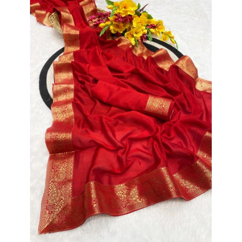 Women's Vichitra Silk Printed Saree With Unstitched Blouse 5.5Mtr (Red) - Image 2