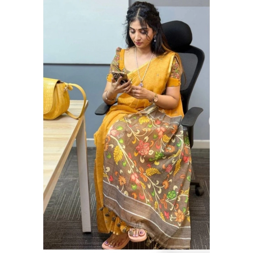 Women's Linen Printed Saree With Unstitched Blouse 5.5Mtr (Mustard) - Image 3