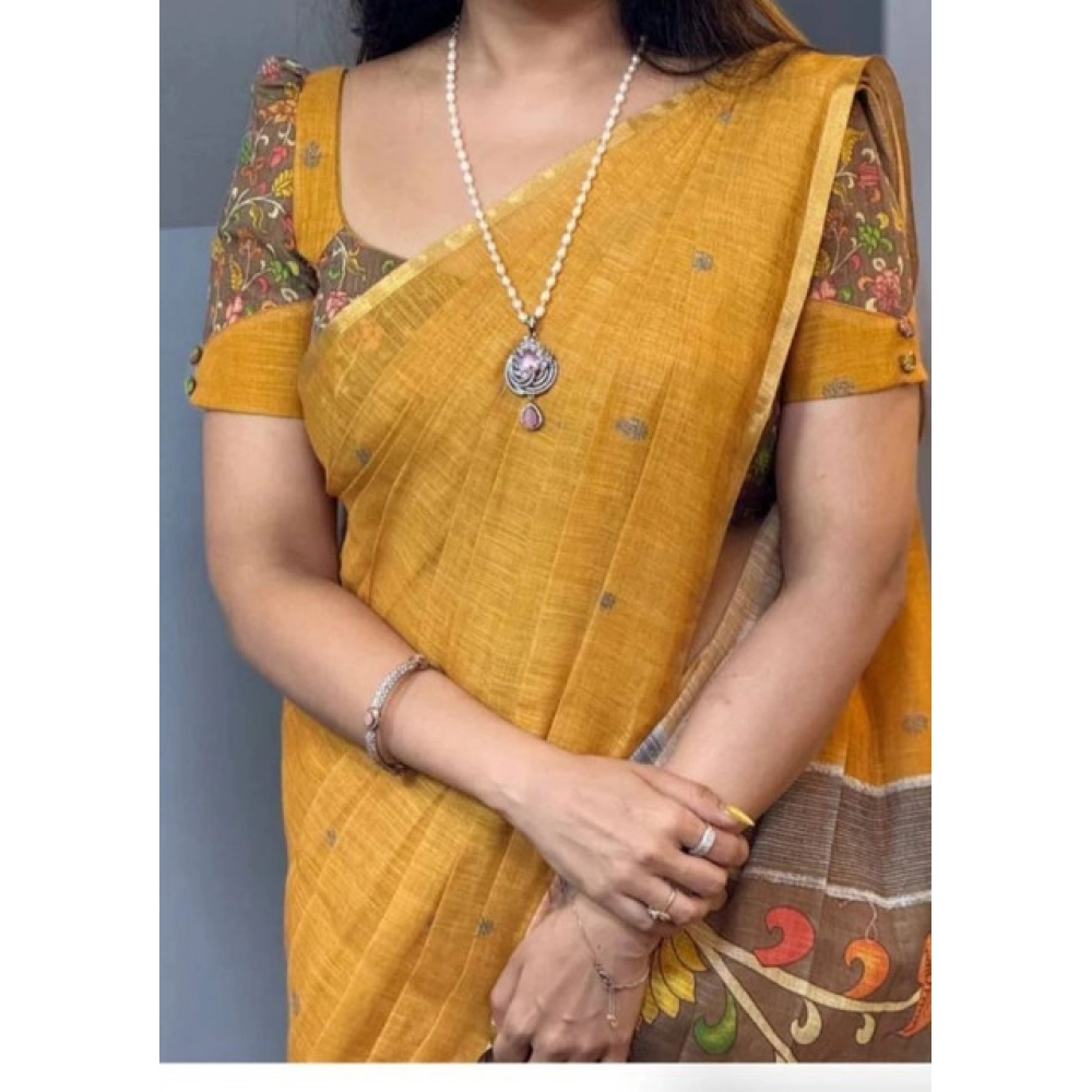 Women's Linen Printed Saree With Unstitched Blouse 5.5Mtr (Mustard) - Image 2