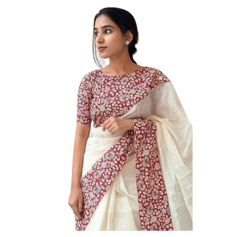 Women's Linen Printed Saree With Unstitched Blouse 5.5Mtr (White)