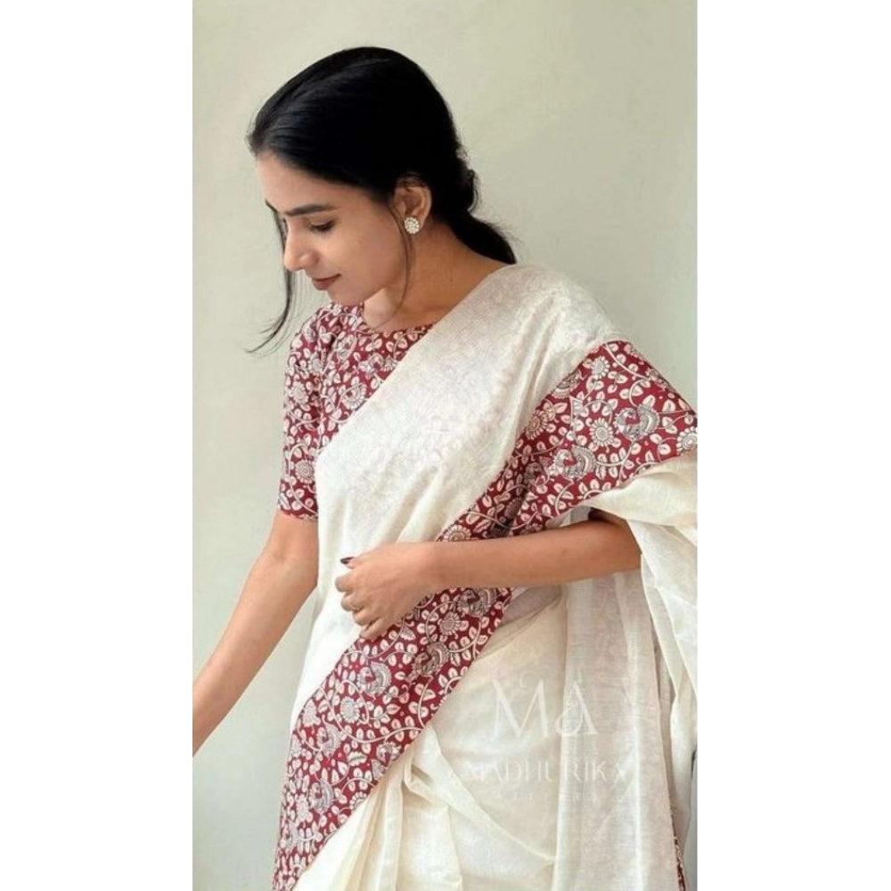 Women's Linen Printed Saree With Unstitched Blouse 5.5Mtr (White) - Image 2