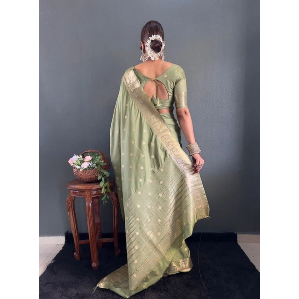 Women's Satin Printed Saree With Unstitched Blouse 5.5Mtr (Green) - Image 5