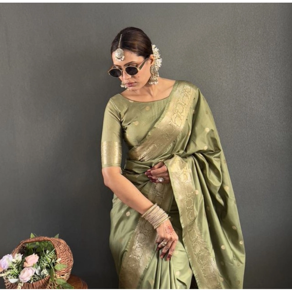 Women's Satin Printed Saree With Unstitched Blouse 5.5Mtr (Green) - Image 2