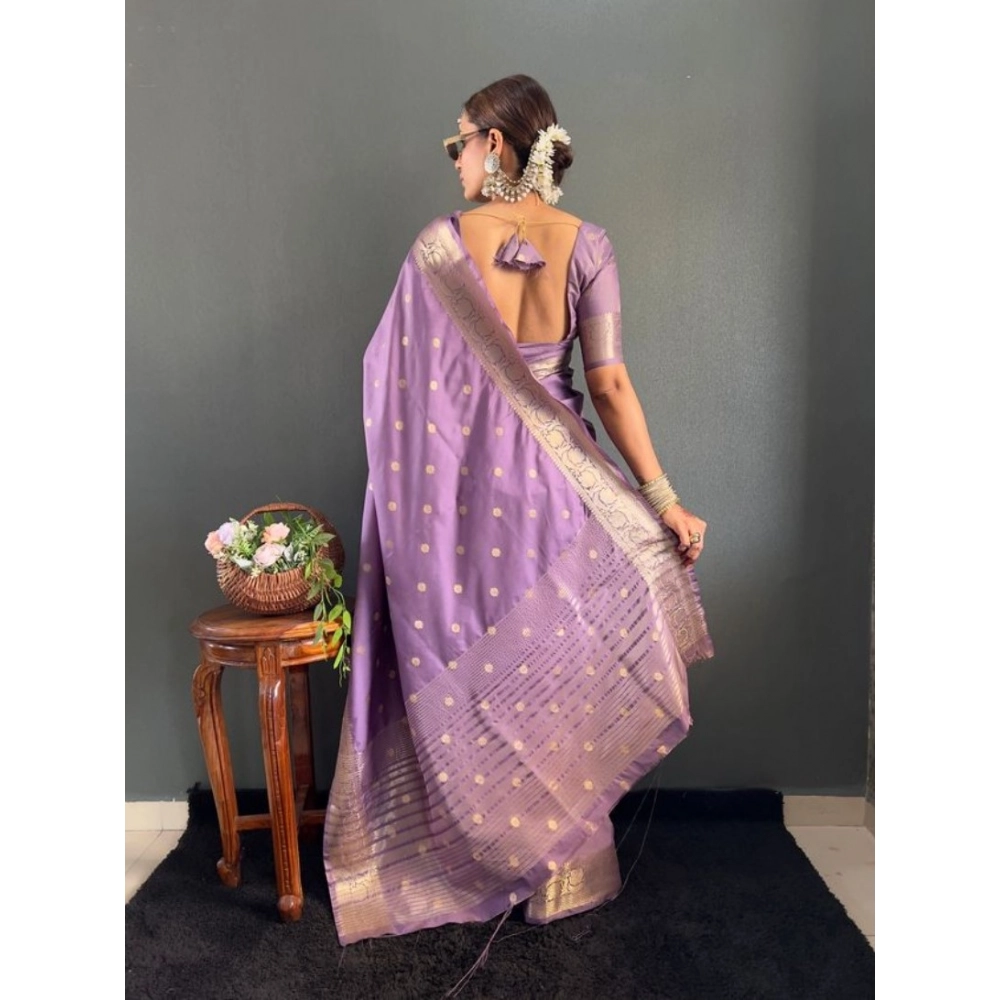 Women's Satin Printed Saree With Unstitched Blouse 5.5Mtr (Purple) - Image 5