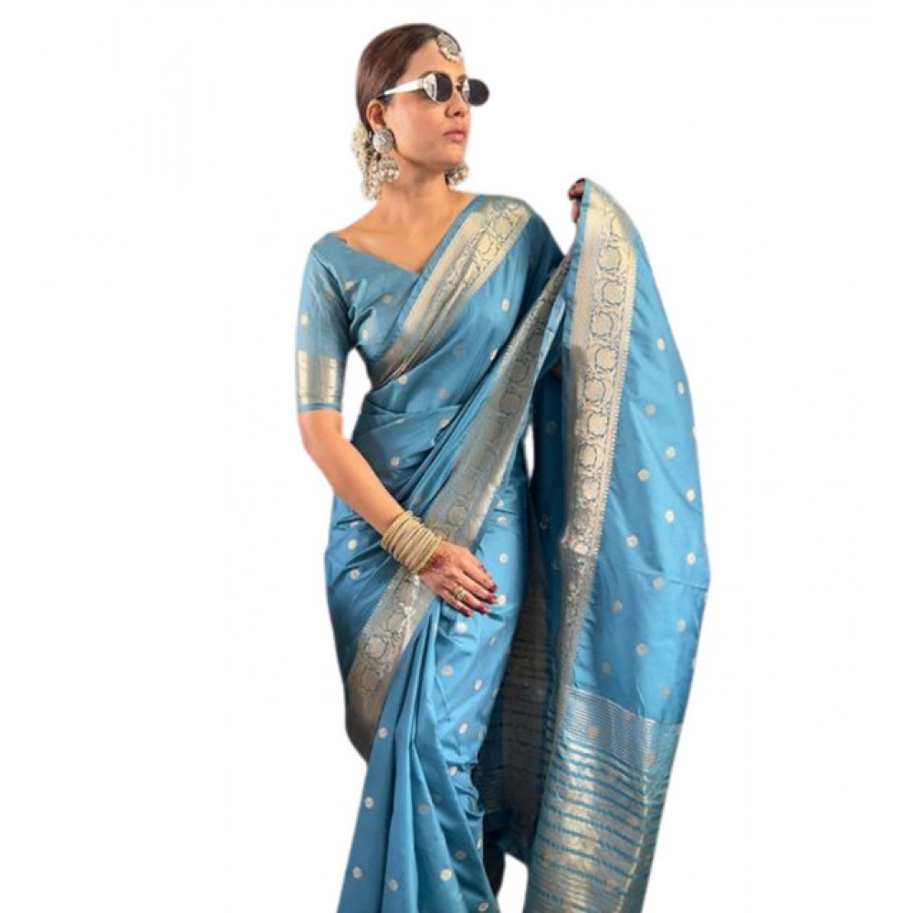 Women's Satin Printed Saree With Unstitched Blouse 5.5Mtr (light Blue)