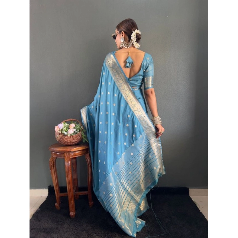 Women's Satin Printed Saree With Unstitched Blouse 5.5Mtr (light Blue) - Image 5
