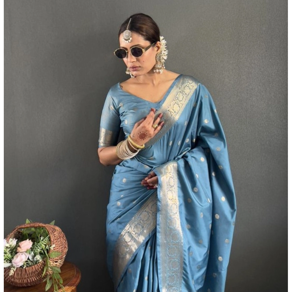 Women's Satin Printed Saree With Unstitched Blouse 5.5Mtr (light Blue) - Image 2