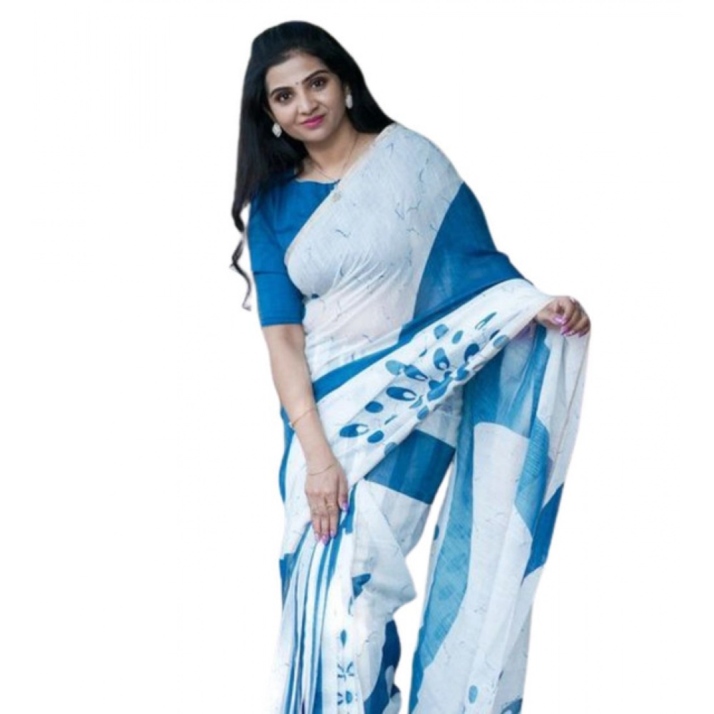 Women's Linen Printed Saree With Unstitched Blouse 5.5Mtr (White)