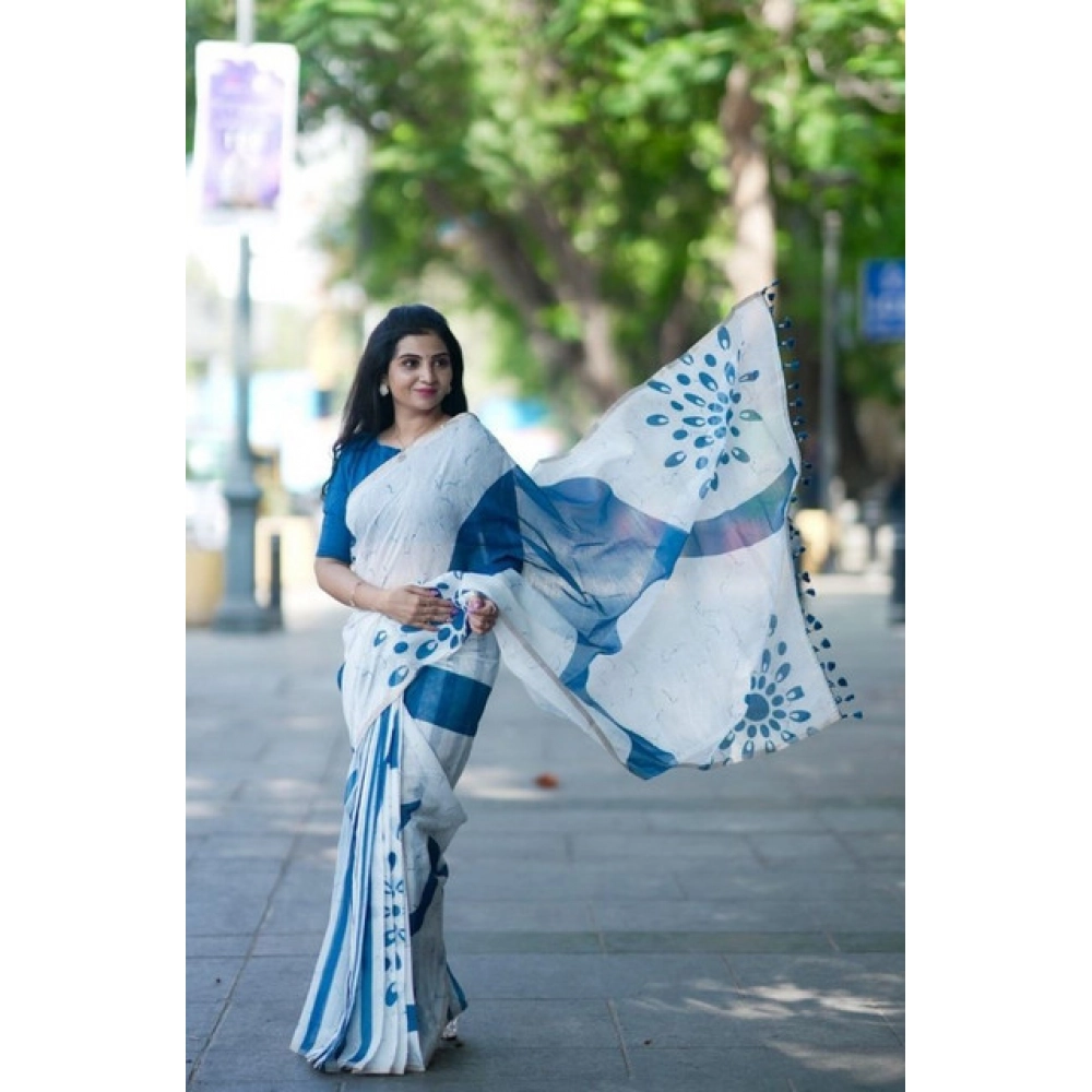 Women's Linen Printed Saree With Unstitched Blouse 5.5Mtr (White) - Image 4