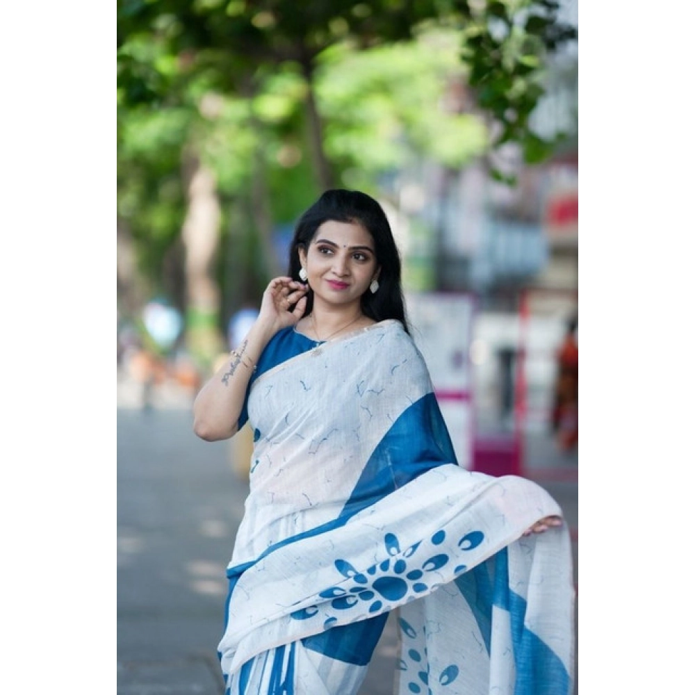 Women's Linen Printed Saree With Unstitched Blouse 5.5Mtr (White) - Image 3