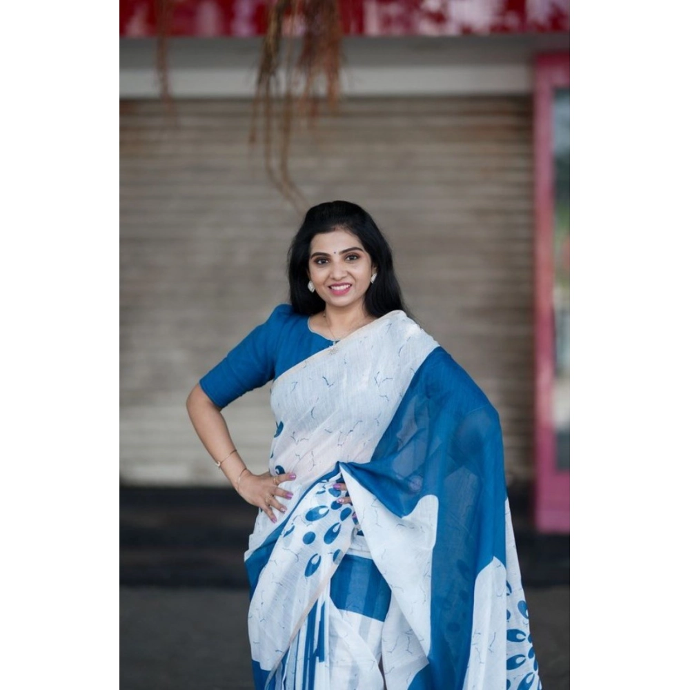 Women's Linen Printed Saree With Unstitched Blouse 5.5Mtr (White) - Image 2