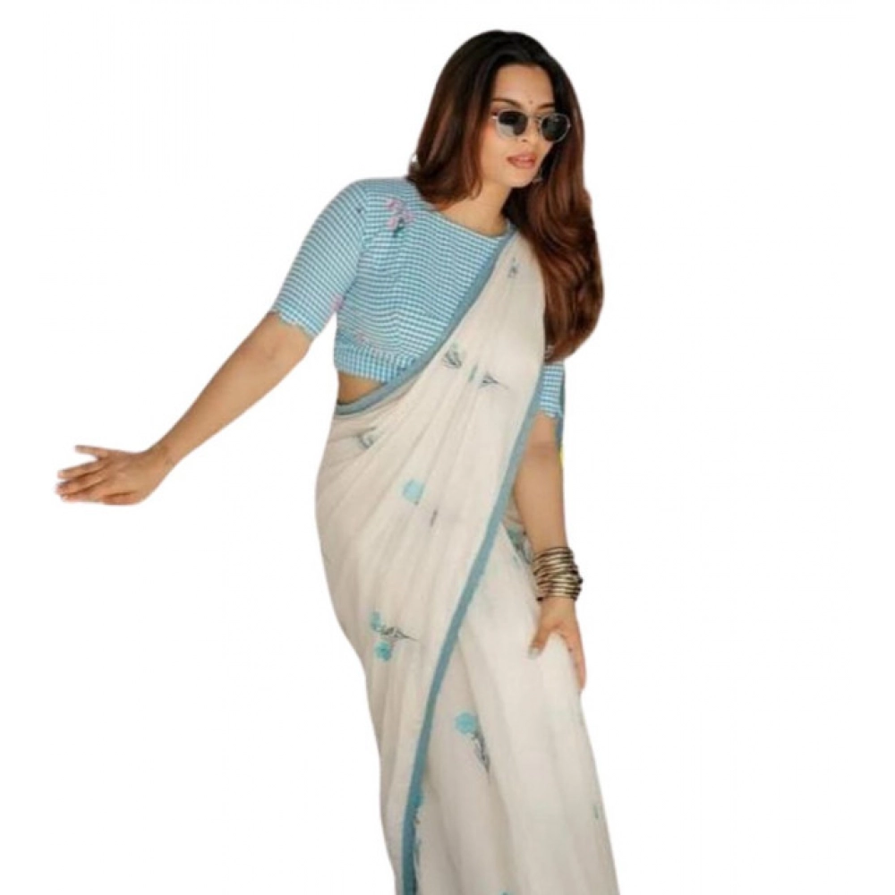 Women's Linen Printed Saree With Unstitched Blouse 5.5Mtr (White)