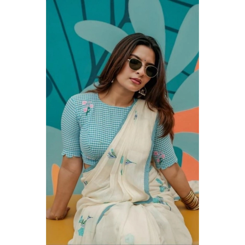 Women's Linen Printed Saree With Unstitched Blouse 5.5Mtr (White) - Image 2