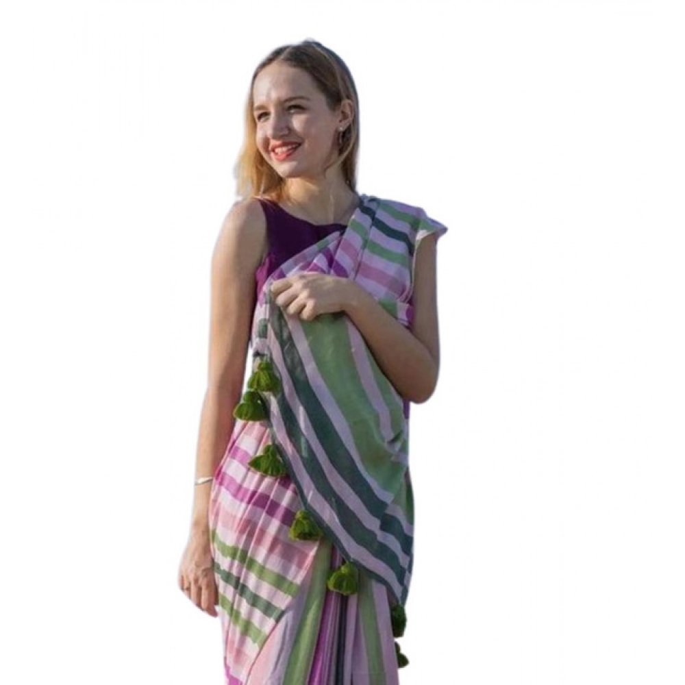 Women's Linen Printed Saree With Unstitched Blouse 5.5Mtr (Pink)
