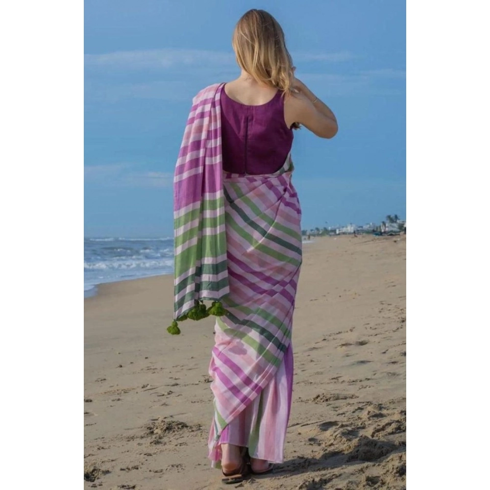 Women's Linen Printed Saree With Unstitched Blouse 5.5Mtr (Pink) - Image 2