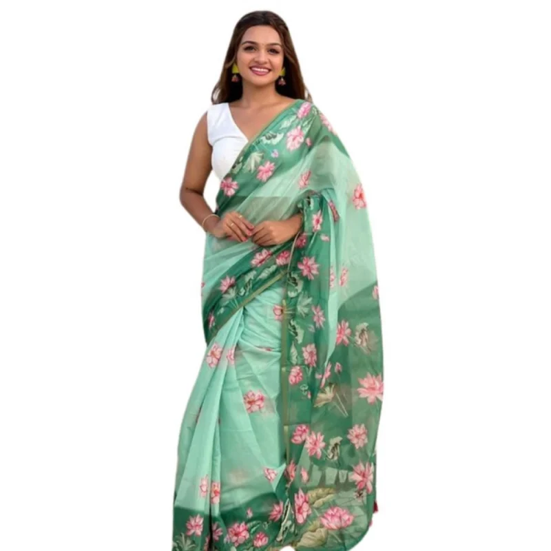 Women's Linen Printed Saree With Unstitched Blouse 5.5Mtr (Green)